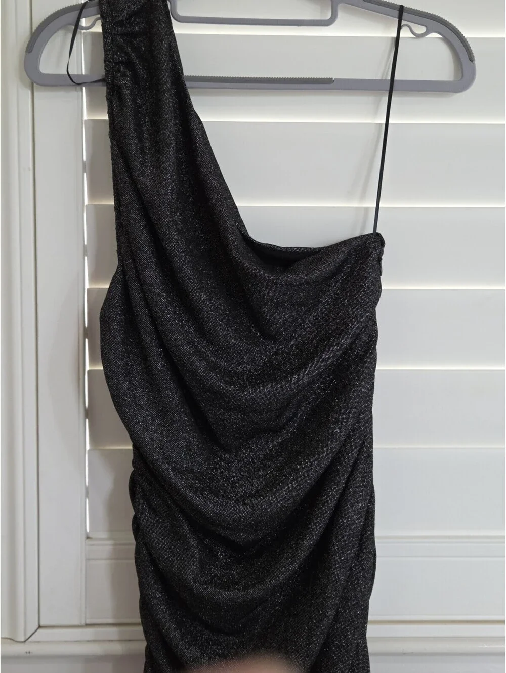 Michael Kors One Shoulder Ruched Metallic Black Silver Midi Dress L NWT